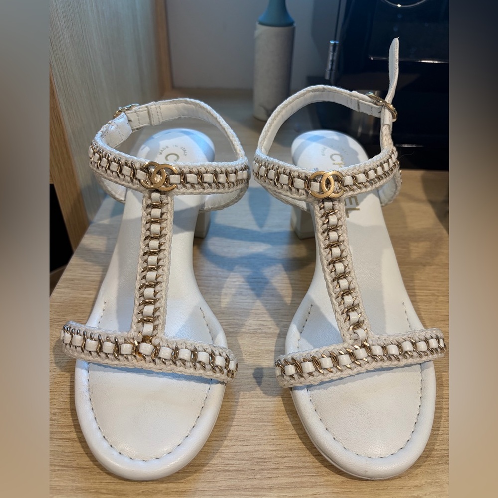 Chanel 22 White braided Sandals with Gold Accent and chunk heel